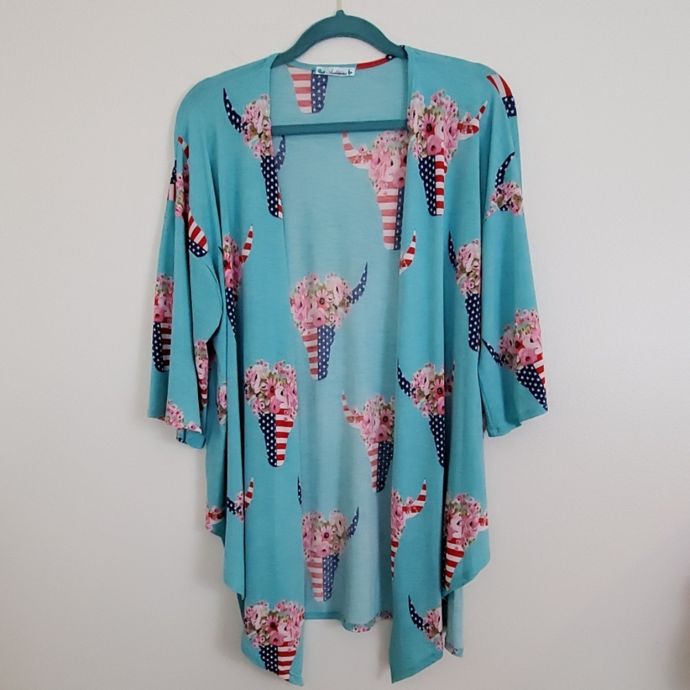 Auditions Kimono Patriotic Red, White & Blue & Floral Print M